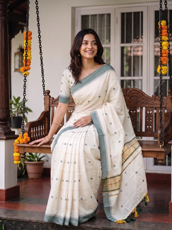 Cotton Cream Green Diamond Booti Onam Kerala Saree
