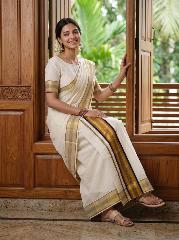 Cotton Cream with Black and Brown Line Border Onam Special Set Mundu