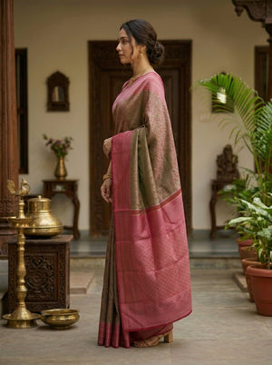 Kanjivaram Olive Green Saree with All-Over Floral Jaal Weave & Pink Contrast Border