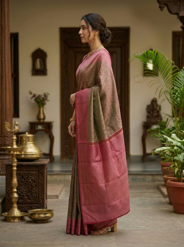 Kanjivaram Olive Green Saree with All-Over Floral Jaal Weave & Pink Contrast Border