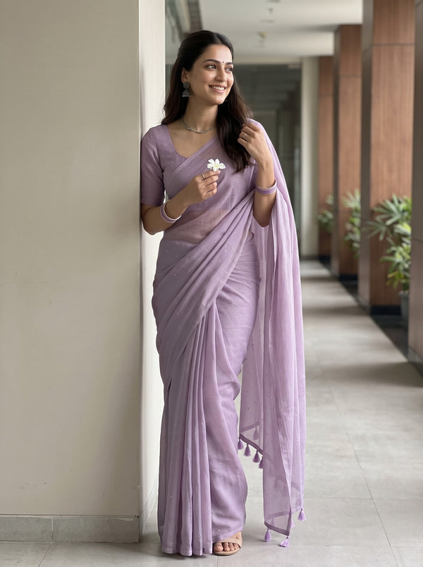 Mul Chanderi Saree in Lavender with Sparkling Sequin Dot Embellishment