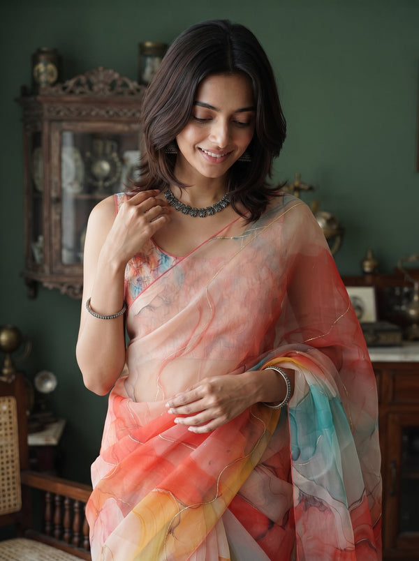 Organza Coral Turquoise Marble Print Saree with Golden Detailing