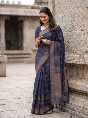 Matka Silk Navy Blue Golden Pinstripe Hexagon Geometric Pallu