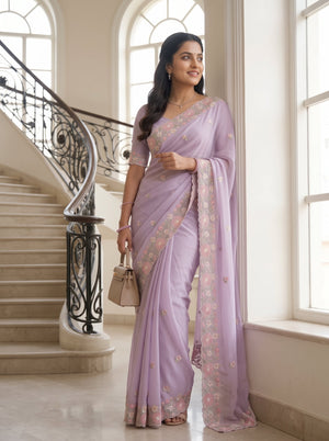 Chiffon Lilac Pink Floral Embroidered Scalloped Border Butta Saree