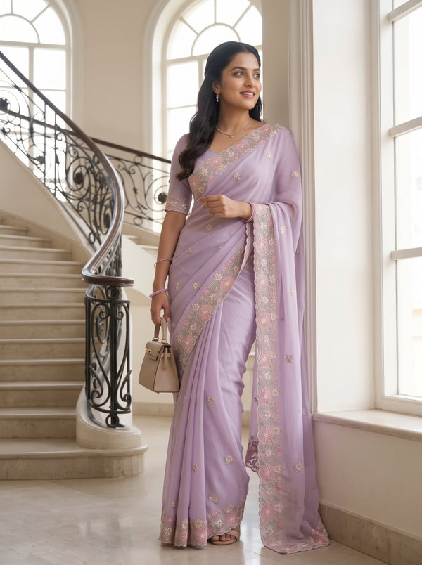 Chiffon Lilac Pink Floral Embroidered Scalloped Border Butta Saree