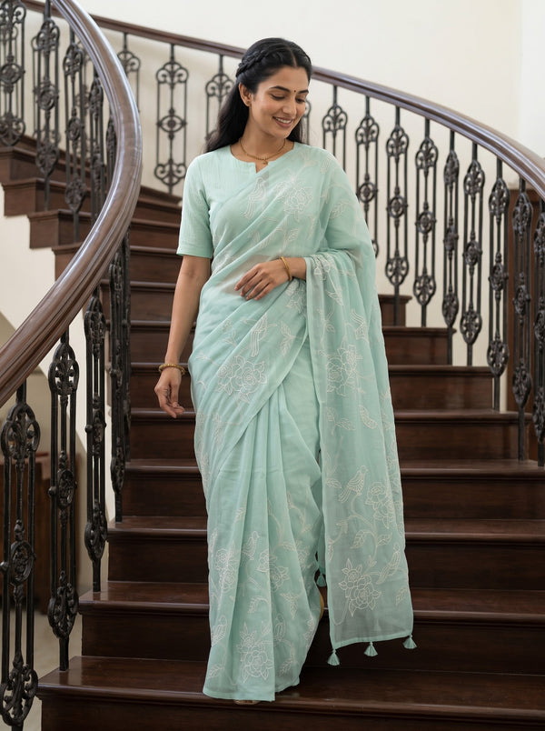 Organza Sky Blue Rose & Bird Embroidered Saree