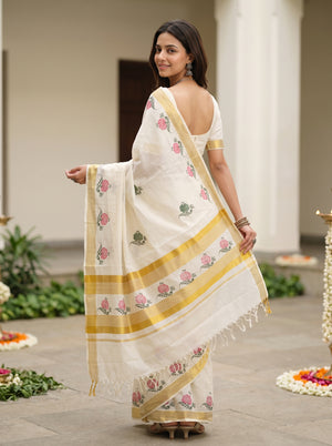 Cotton Cream Printed Floral Kerala Saree with Pink Lotus Motif