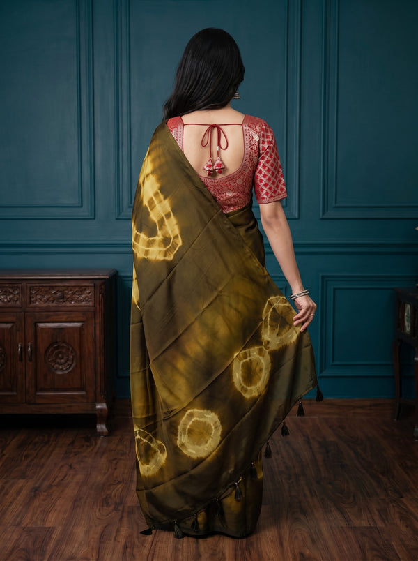 Synthetic Khaki Yellow Tie Dye Ring Pattern Saree with Tassels