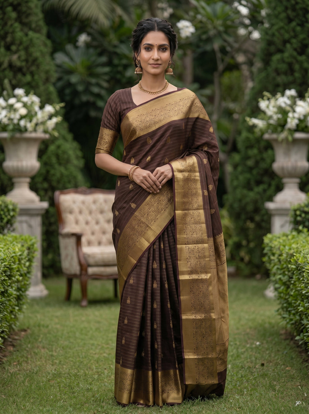 Kanjivaram Silk Brown Saree with Striped Weaving and Rich Border