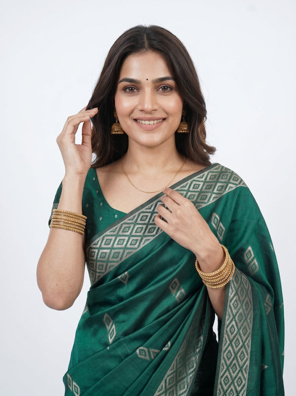 Semi Silk Dark Green Diamond Motif Saree