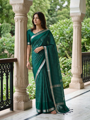 Cotton Silk Dark Green Saree with Silver Checkered Pallu and Striped Border