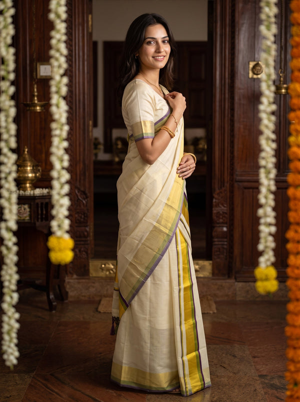 Tissue Cream Kasavu Gold Purple Stripe Border Onam Kerala Set Mundu
