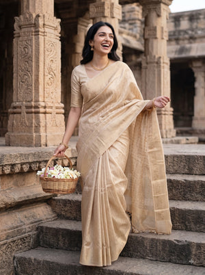 Banarasi Beige Self-Tone Dobby Floral Jacquard Border Saree