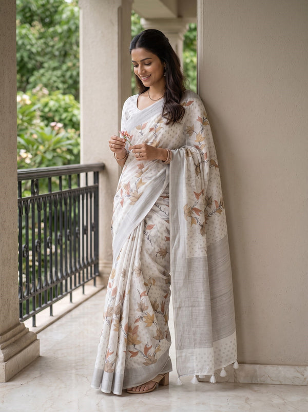 Semi Linen Off White Floral Leaf Printed Saree with Botanical Pallu