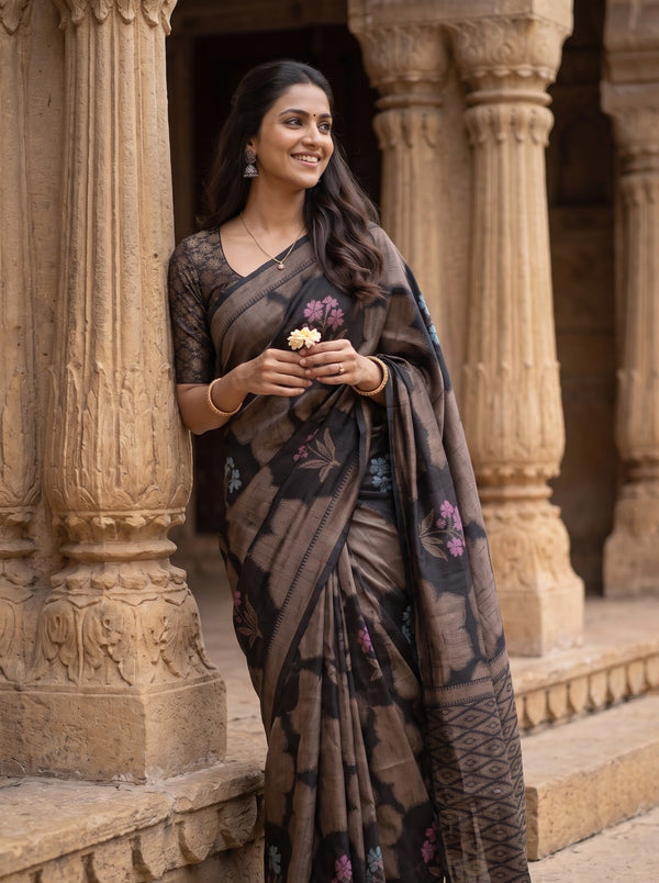 Semi Silk Black Multicolor Floral Bouquet Medallion Saree with Tassels