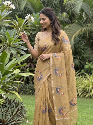Chanderi Golden Tan Parrot Motif Embroidered Nest Wreath Saree