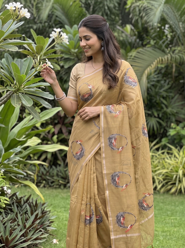 Chanderi Golden Tan Parrot Motif Embroidered Nest Wreath Saree