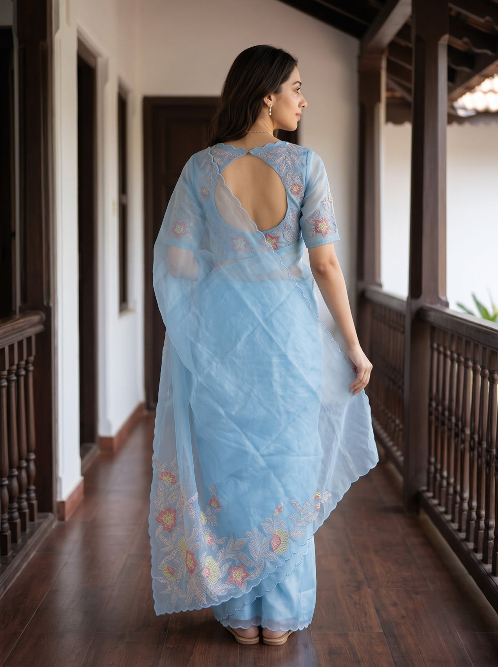 Organza Powder Blue Multicolor Floral Embroidered Saree