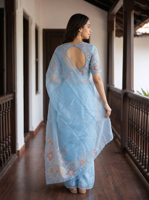 Organza Powder Blue Multicolor Floral Embroidered Saree