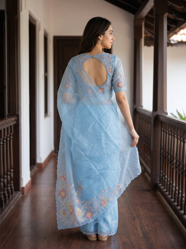 Organza Powder Blue Multicolor Floral Embroidered Saree