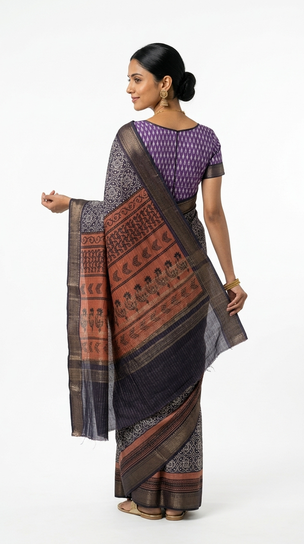 Soft Cotton Blue Ethnic Ajrakh Design Saree