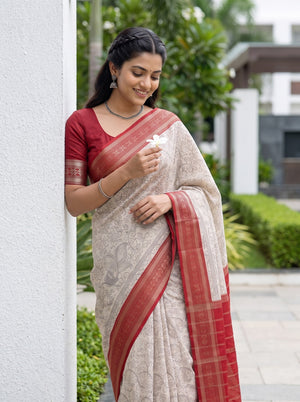 Chanderi Ivory Red Floral Kalamkari Print Saree