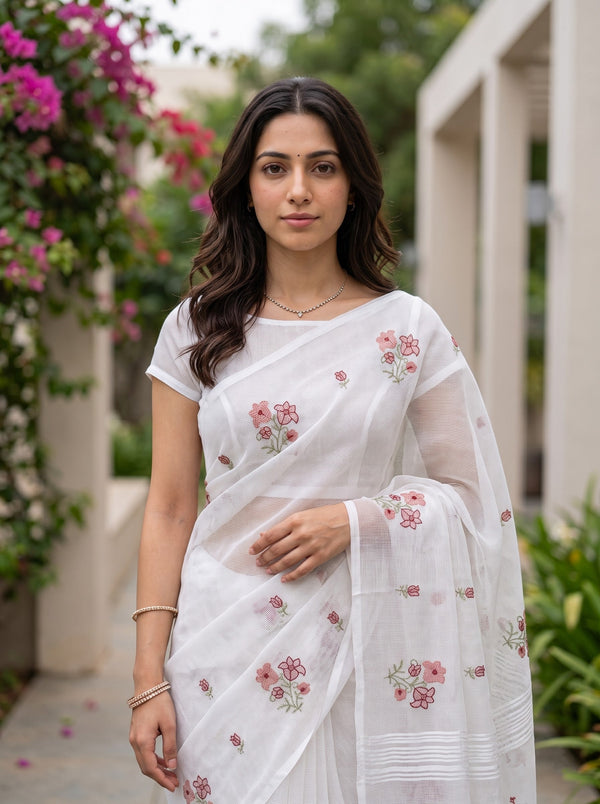 Kota Doria White Pink Floral Cross-Stitch Embroidery Saree
