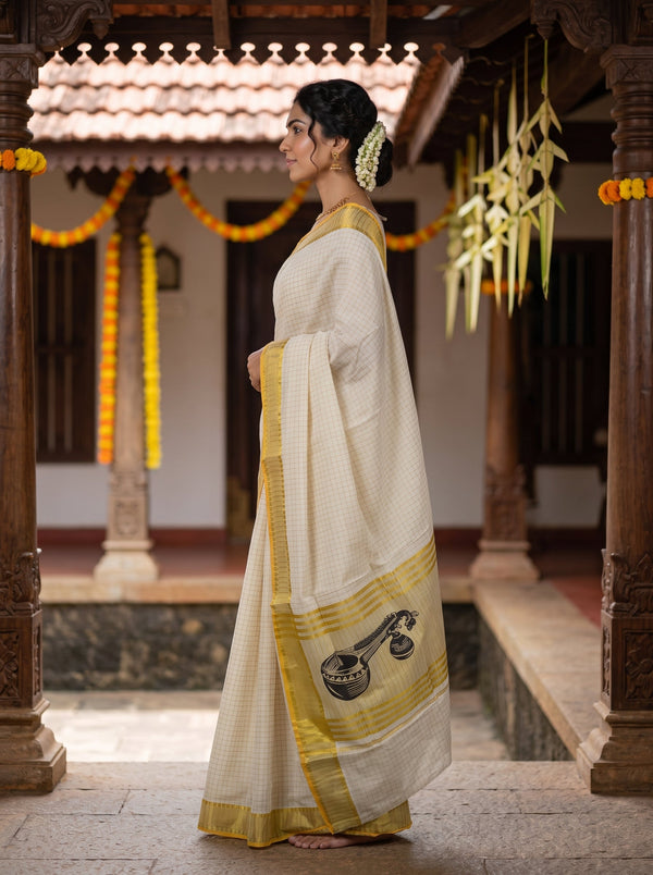 Cotton Cream Checkered Golden Orange Border Onam Special Kerala Saree