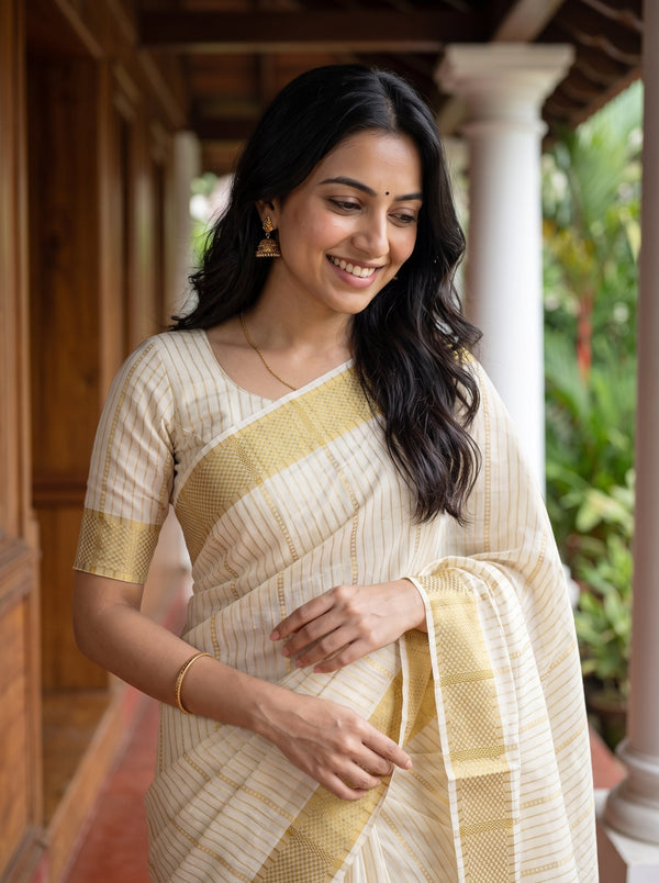Cotton Cream Off-White Gold Ladder Stripe Checkbox Border Kerala Saree