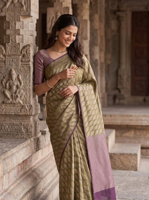 Matka Silk Olive Purple Diamond Lattice Pallu Saree with Tassels