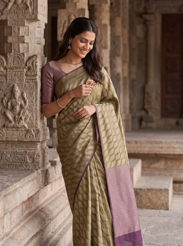 Matka Silk Olive Purple Diamond Lattice Pallu Saree with Tassels