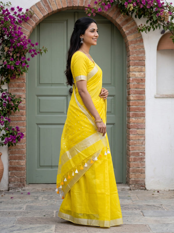Chanderi Organza Yellow Sequin Work Saree with Gold Tissue Border and Tassels
