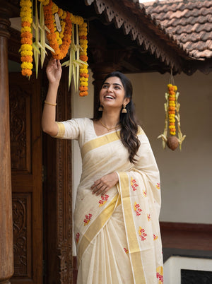 Tissue Cream Red Floral Spring Embroidery Onam Special Kerala Saree with Golden Border