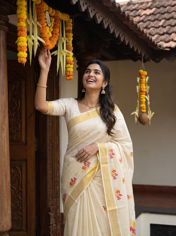 Tissue Cream Red Floral Spring Embroidery Onam Special Kerala Saree with Golden Border