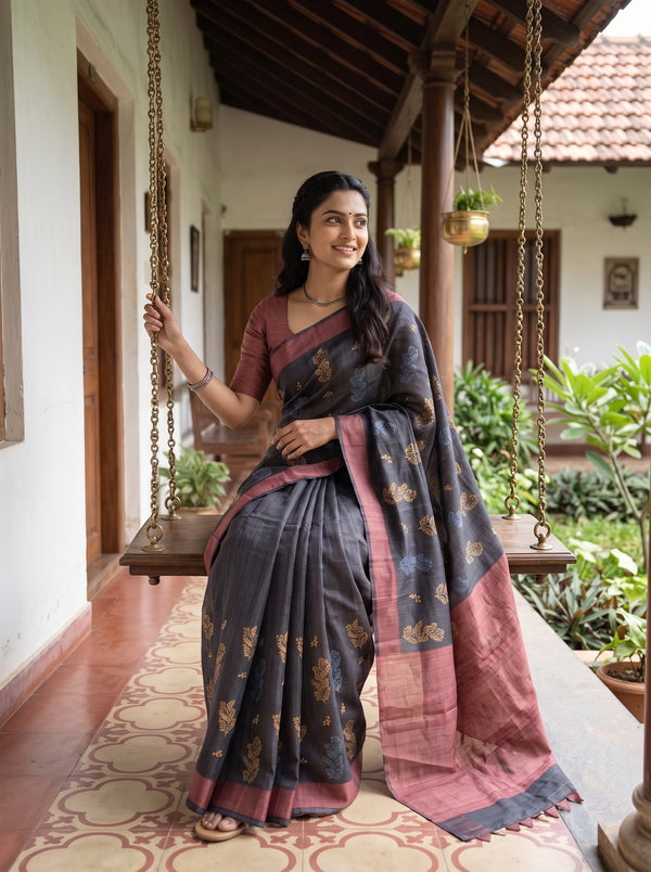 Tussar Silk Black and Maroon Saree with Triangle and Embroidered Border Pallu