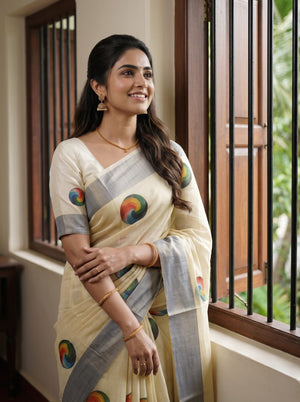 Tissue Cream Multicolor Swirl Motif with Grey Border Onam Special Kerala Saree