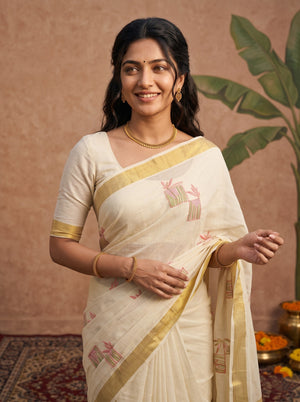 Cotton Cream Coral Pink Floral Embroidery Onam Special Kerala Saree with Golden Zari Border