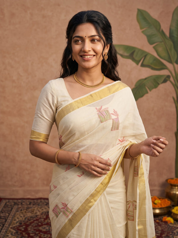Cotton Cream Coral Pink Floral Embroidery Onam Special Kerala Saree with Golden Zari Border