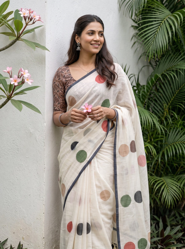 Cotton Linen Saree in Cream with Scattered Multicolor Circle Print and Dark Grey Trim