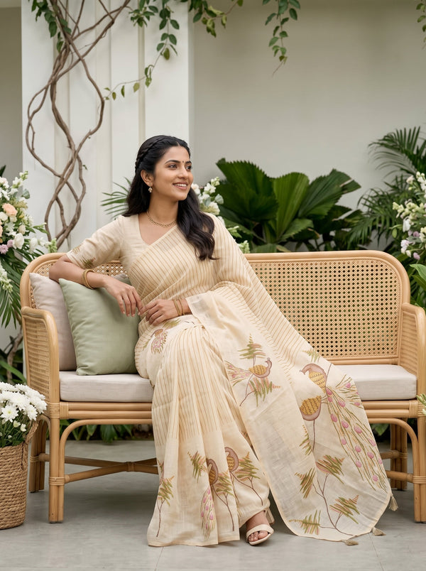 Tissue Cream Peacock Pair Beaded Sequin Embroidered Pallu Saree with Mustard Stripes