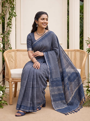 Polycotton Indigo Blue Ajrakh Block Print Mirror Work Saree with Banded Pallu