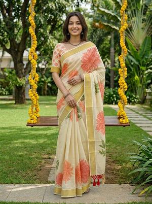 Tissue Cream Large Floral Print Tassel Kerala Saree
