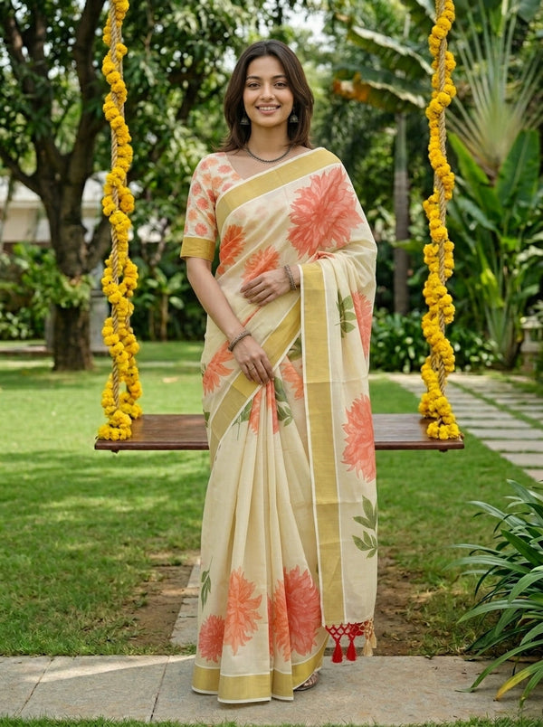 Tissue Cream Large Floral Print Tassel Kerala Saree