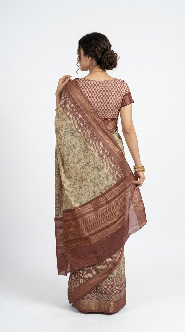 Cotton Beige Floral Printed Saree with Maroon Border