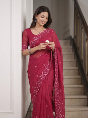 Mul Chanderi Red White Floral Sprig Cutwork Lace Border