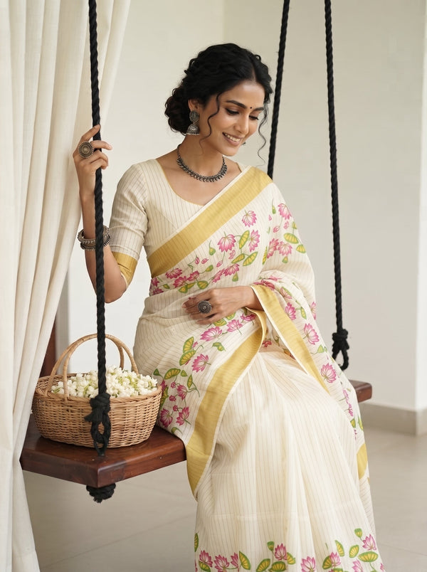 A woman wearing a cream-colored floral saree with a gold border sits on a hanging wooden swing. The saree features pink and green floral patterns, and she is holding a small woven basket filled with white flowers in a softly lit indoor setting.