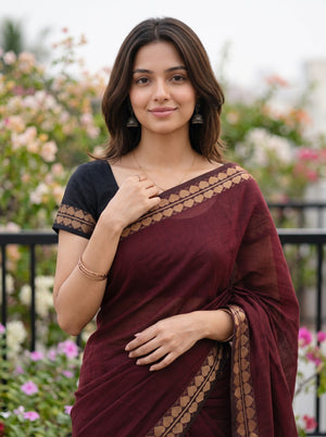 Cotton Wine Maroon Black Gold Striped Border Saree with Tassels