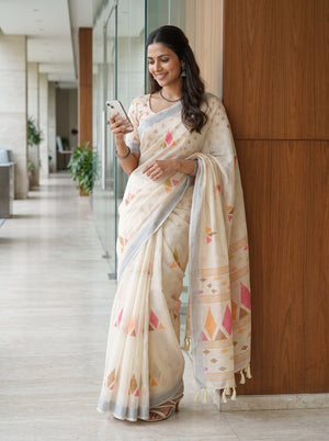 Cotton Cream Multicolor Geometric Diamond Printed Pallu Pinstripe Border Tassels Saree