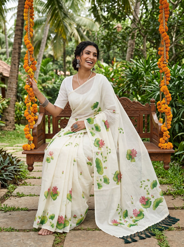 A woman seated on a wooden swing in a tropical garden wearing a white saree with green lotus leaf and pink lotus flower prints. The scene is decorated with orange marigold garlands.