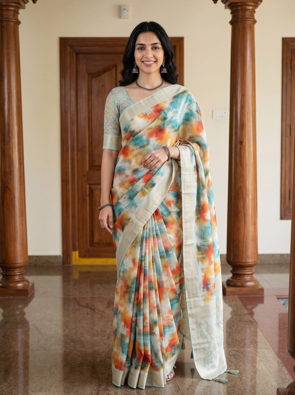 A woman wearing a light sage green saree with a colorful tie-dye floral pattern in orange, yellow, and blue, standing in a traditional courtyard with wooden pillars.